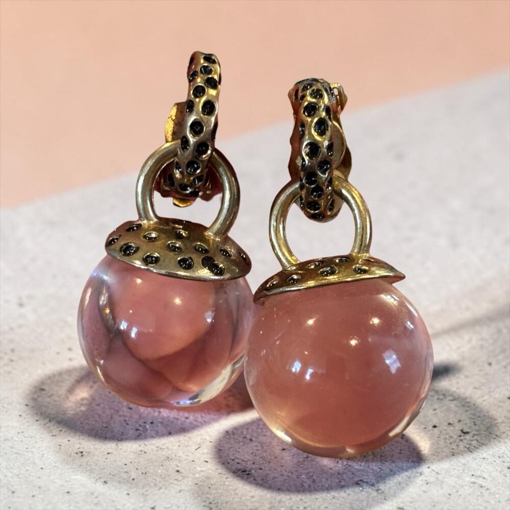 Glass Orb Drop Earrings Gold Tone Black Crystal Clip-On 80s 90s Chunk